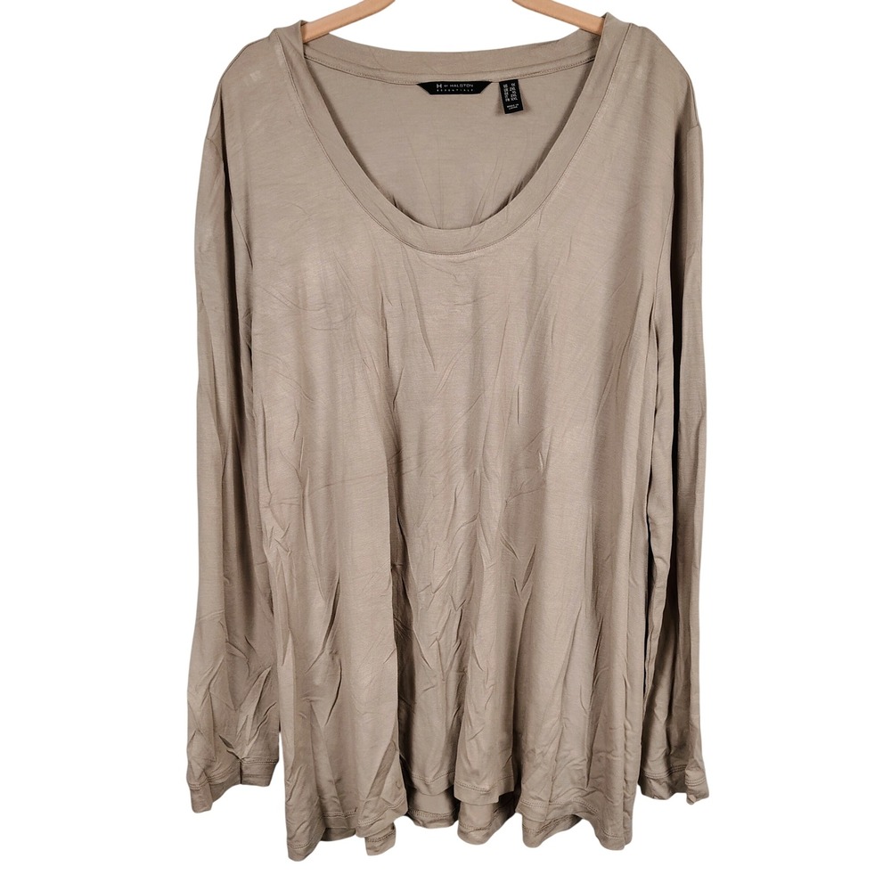 H by Halston Womens 1X Essentials Long Sleeve Scoop Neck Top Taupe Rayon Basic
